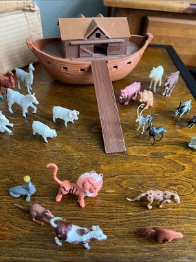 Vintage Brown Plastic Noah's Ark Toy Set with Assorted Animal Figures 1970's